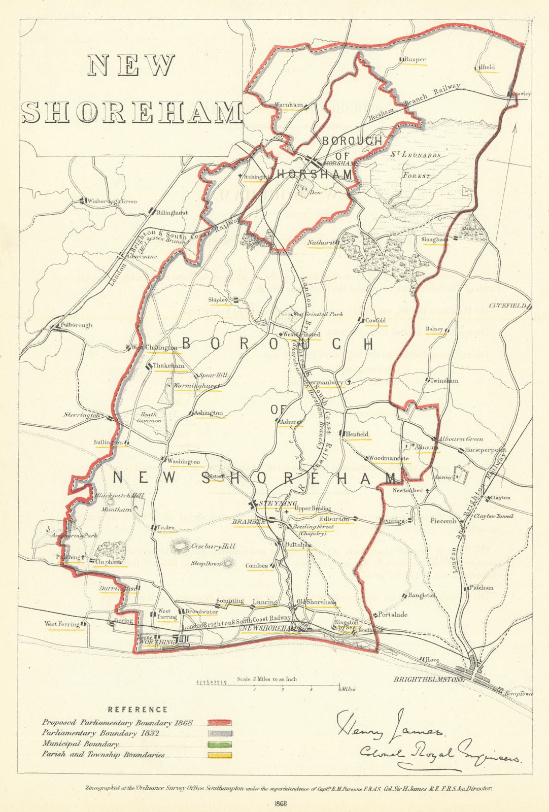 New Shoreham, Sussex. JAMES. Parliamentary Boundary Commission 1868 old map
